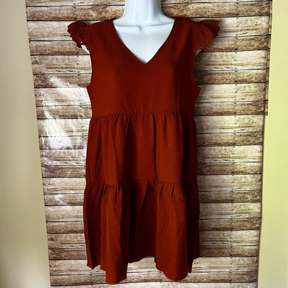 Terracotta eyelet embroidered cap sleeve V-neck high waist smock dress Sz S - Picture 9 of 12